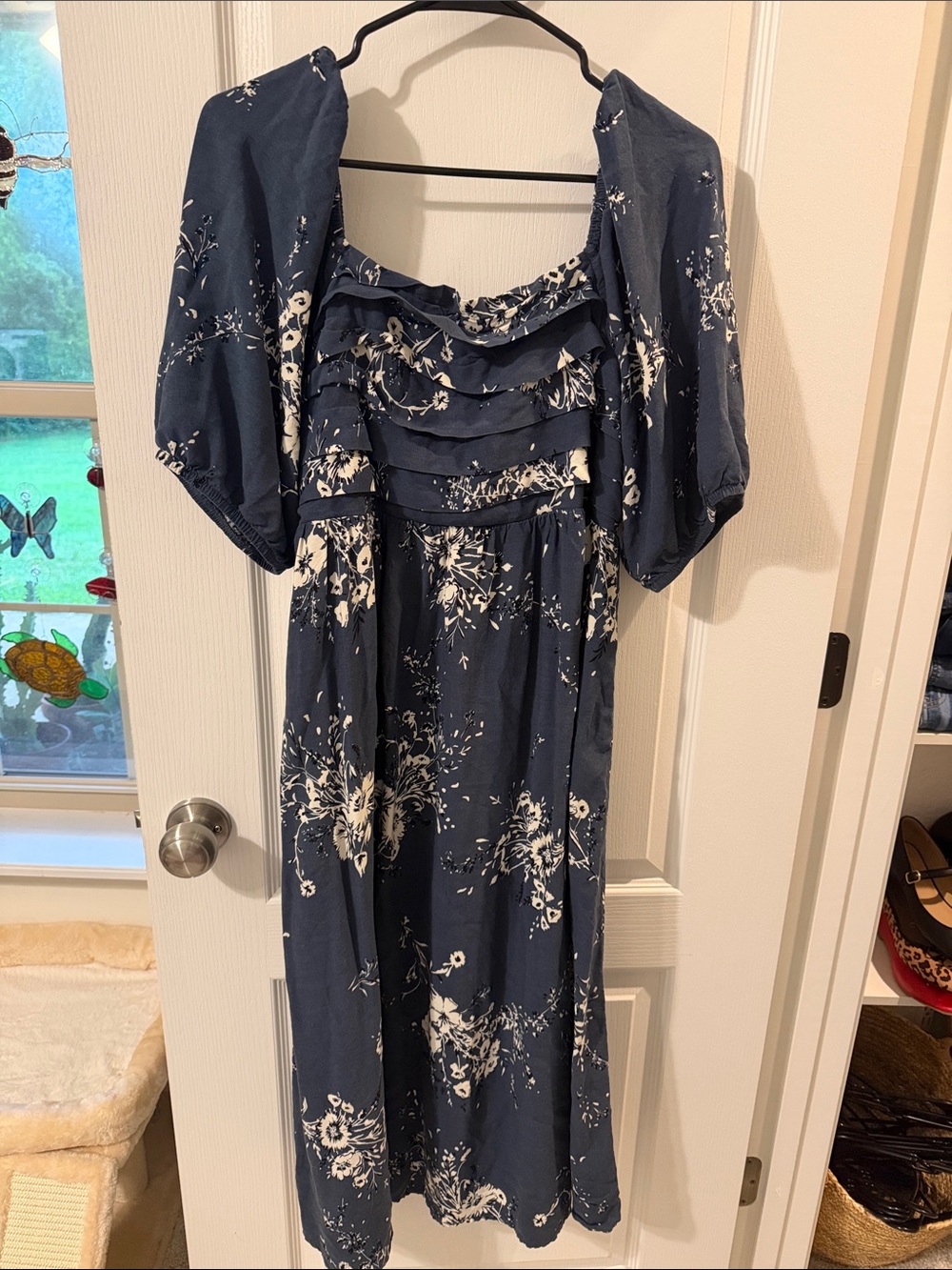 Maurices Navy and White Floral Midi Dress with Ruffle Detail